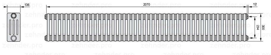 Схема (чертеж) Радиатор Zehnder Charleston 4030/45 №7610 Белый глянцевый RAL 9016